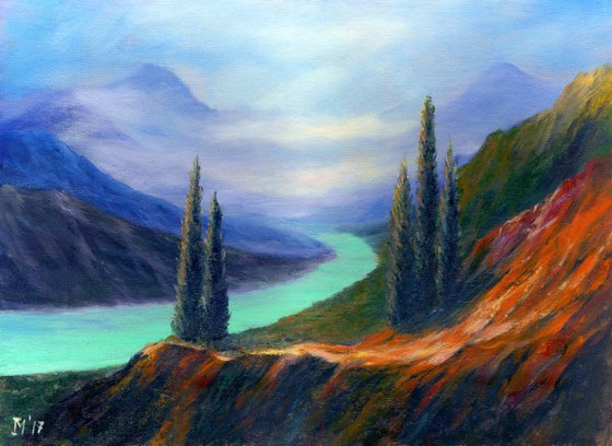 Misty mountains - landscape oil painting, mountain painting, cypress