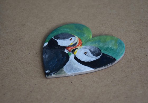 Puffins painting, heart magnet fridge, original acrylic painting, romantic gift