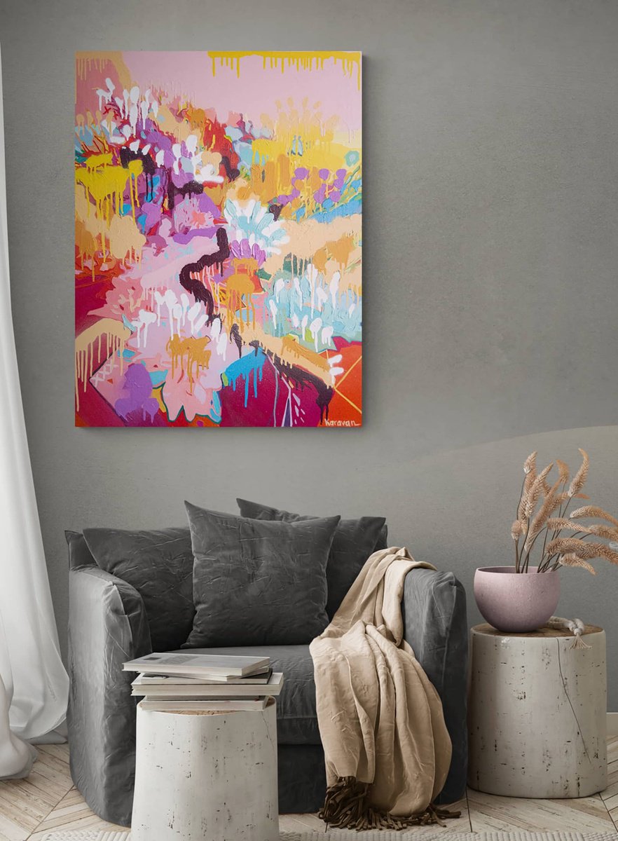 Abstract Botanical Oil Painting By Nataliia Karavan, 28 X 35", Slavic Motifs, Original Artwork