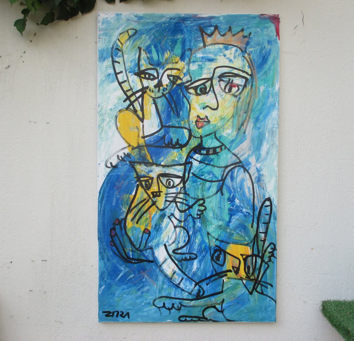 Expressive Portrait Acrylic Painting By Sonja Zeltner-Muller, 28 X 47", Cat Queen Girl With Cats Portrait 47,2 X 27,5 Inch, Artfinder