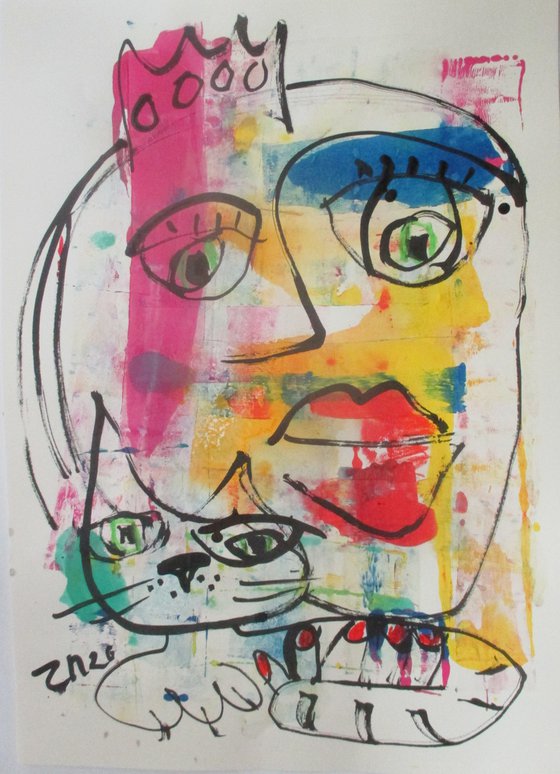 expressive queen with cat 23,6 x 16,5 inch unique mixedmedia drawing