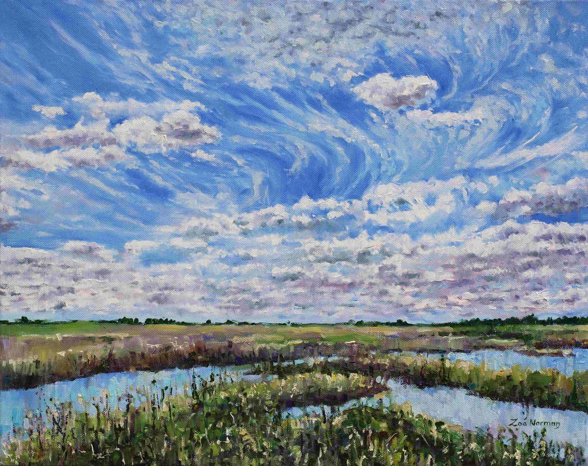 Impressionistic Landscape Oil Painting By Zoe Elizabeth Norman, 20 X 16", Ouse Fen - Summer Sky, Original Artwork