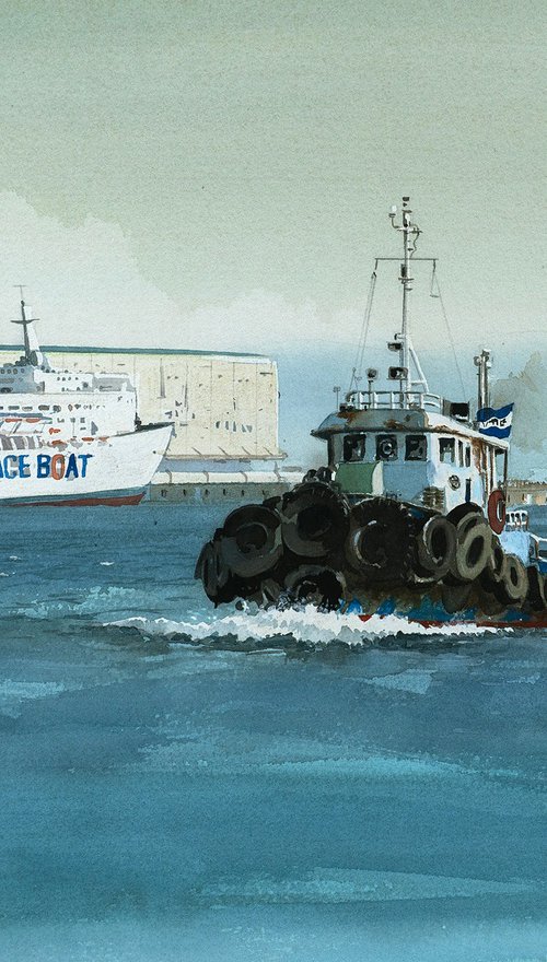 Tugboat and the Passenger Ship at Dusk by Masato Watanabe