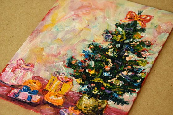 Christmas tree original oil painting on canvas, holiday decor, housewarming gift