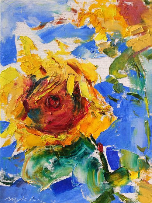 Sunflowers on blue | Yellow and blue | Bouquet a la prima. by Helen Shukina