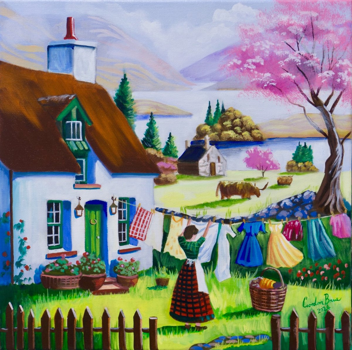 Naive Landscape Oil Painting By Gordon Bruce, 16 X 16, Highland Cottage Charm, Original Artwork