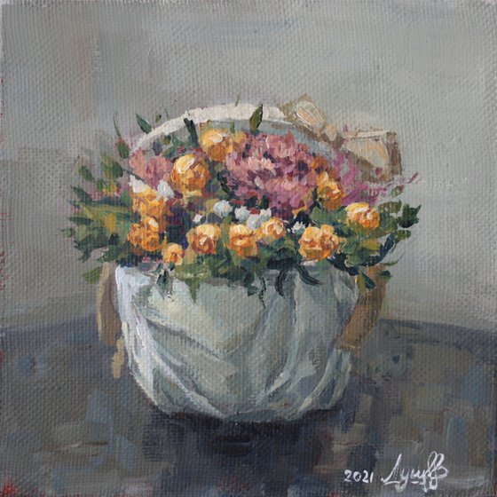 A BASKET OF FLOWERS – original painting bright colours impressionistic style art still-life