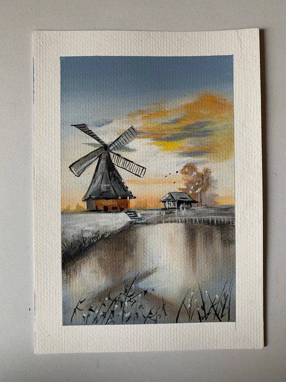 Windmill and small house! A4 size Painting on paper