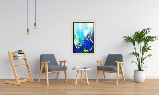 Abstract Flowers Modern Floral Landscape Painting. Blue, Red, Green, Violet, Teal, Abstract Tropical Flowers and Birds. Original Botanical Garden Painting on Canvas. Modern Impressionistic Art