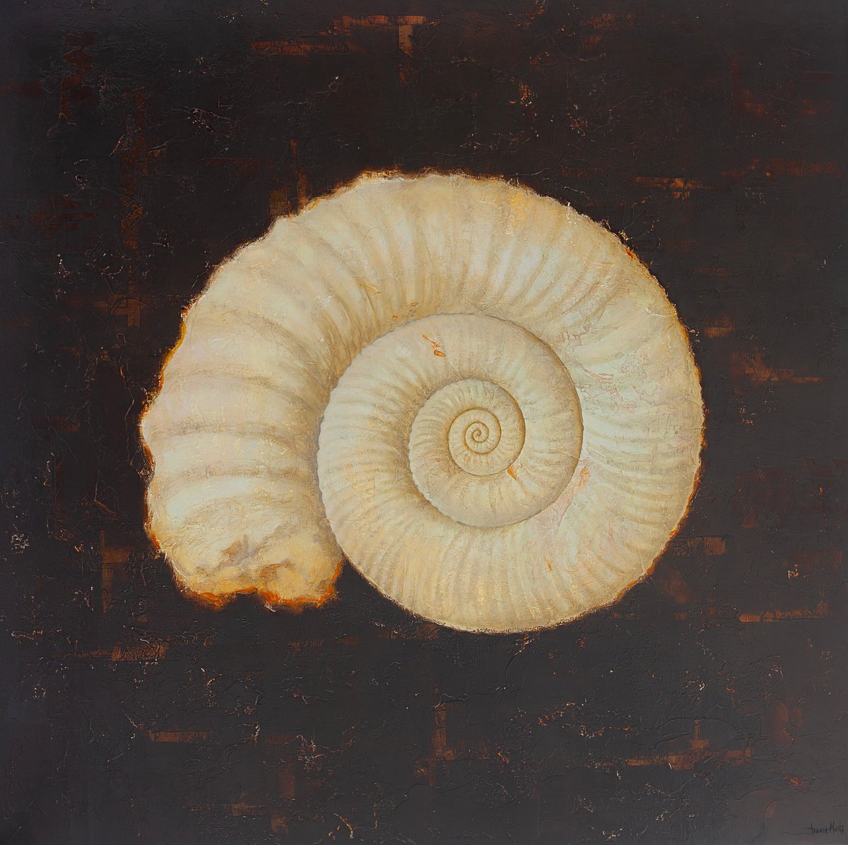 Geometric Animal Oil Painting By Tomasa Martin, 47 X 47", Ammonite Ii, Original Artwork