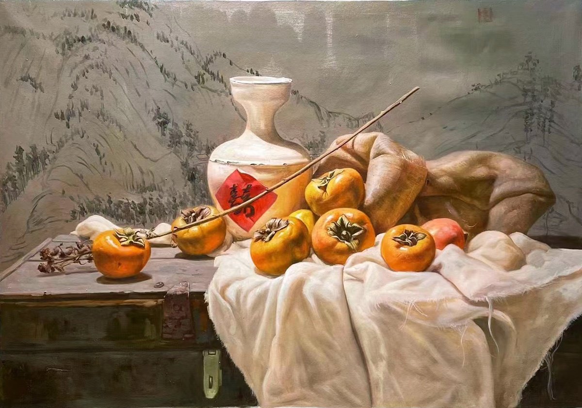 Realism still life painting:China with Persimmons c156 by Kunlong Wang