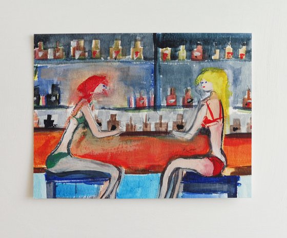 TWO PAINTINGS. GIRLS CAFE SKETCHES.  1. Bar Stool Friends. 2. Liqueurs with Girlfriend. Two Original Figurative watercolour paintings.