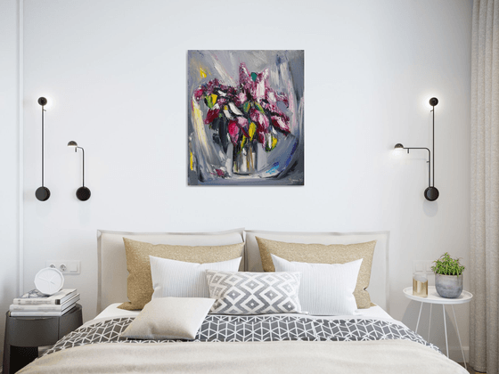 Still life with lilacs 60x70cm, oil painting, ready to hang, abstract still life