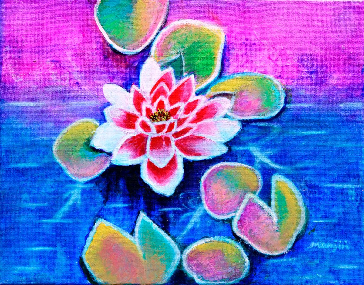 Pink lotus in pond acrylic on canvas by Manjiri Kanvinde