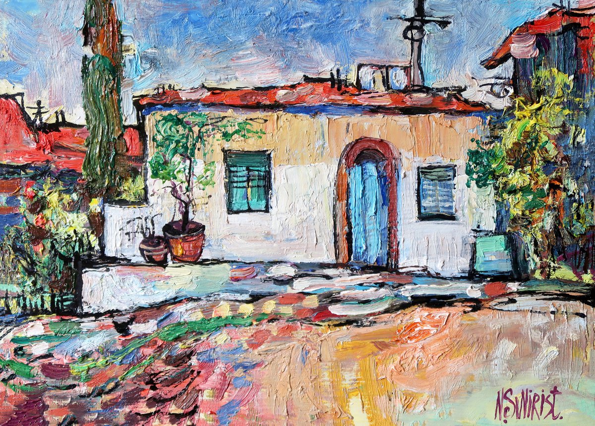 Impressionistic Cityscapes Oil Painting By Nikifor Swiristuhin, 14 X 10", Fairytale House In Greece., Original Artwork