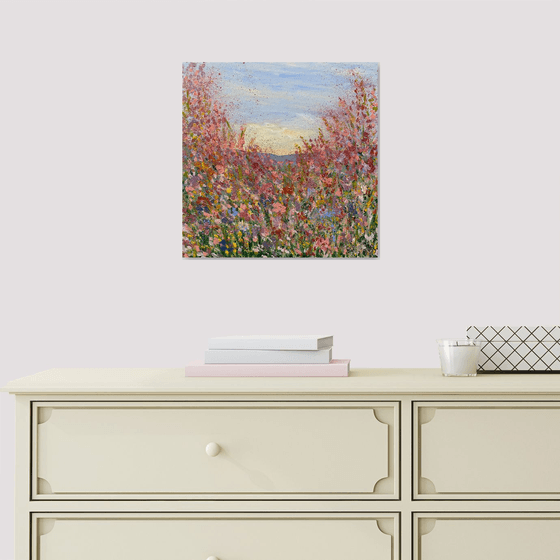 "flowers" wall decor square abstract oil painting contemporary romantic art with optimistic and positive energy