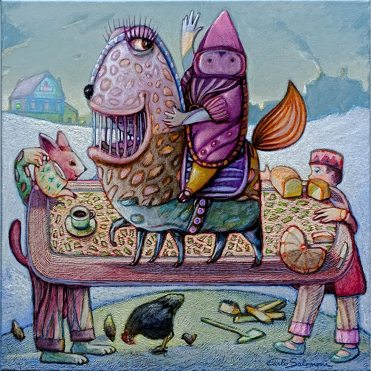 Surrealistic Portrait Acrylic Painting By Carlo Salomoni, 16 X 16, Towards My Dacha, Original Artwork