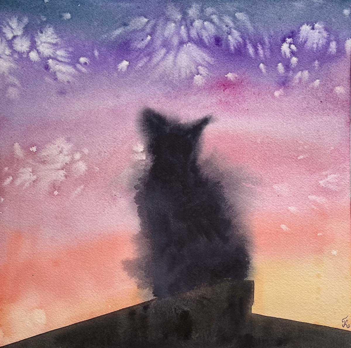 Cat Watercolor Painting, Abstract Black Cat Original Artwork, Sunset