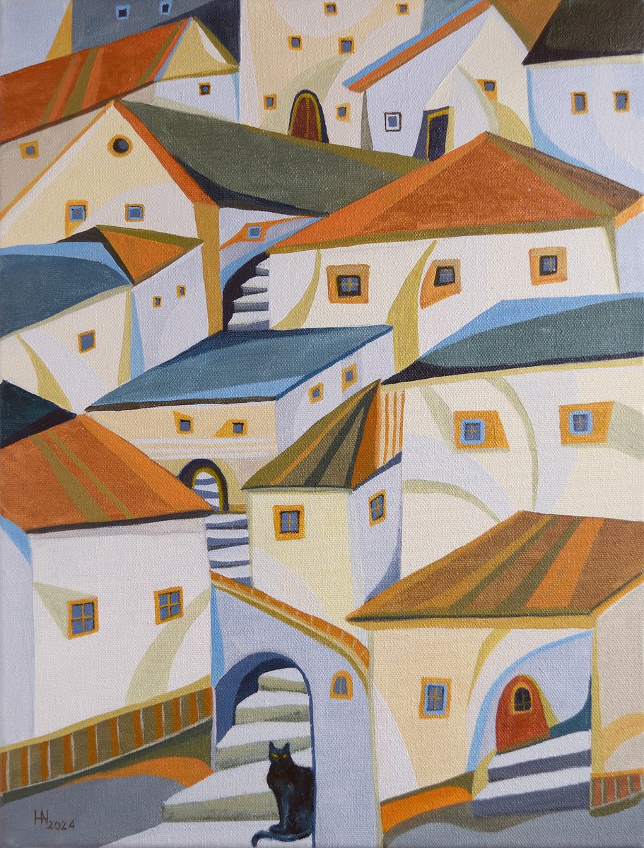 Geometric Cityscapes Oil Painting By Aniko Hencz, 12 X 16, The Guardian Of The City, Original Artwork