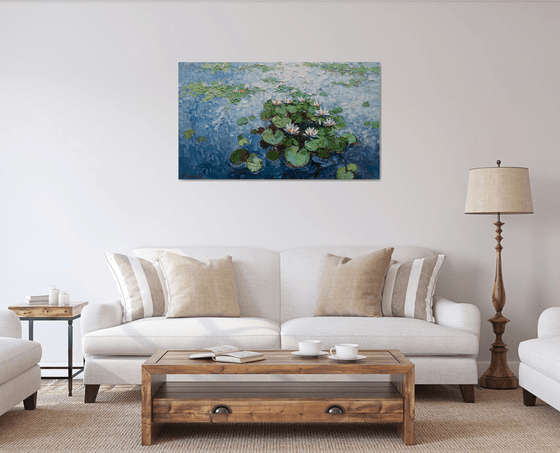 White Water Lilies - Large Original Oil painting 120 x 70 cm