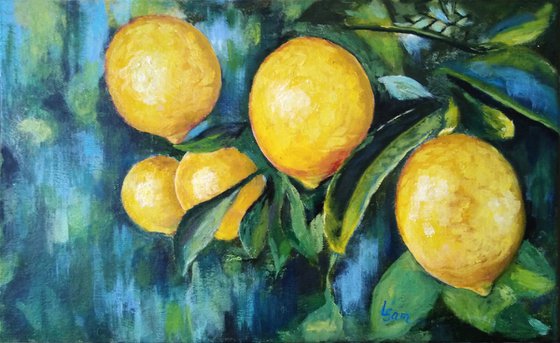 Yellow lemons on a branch