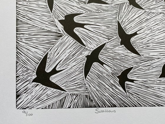 Linocut: Swallows 91/100