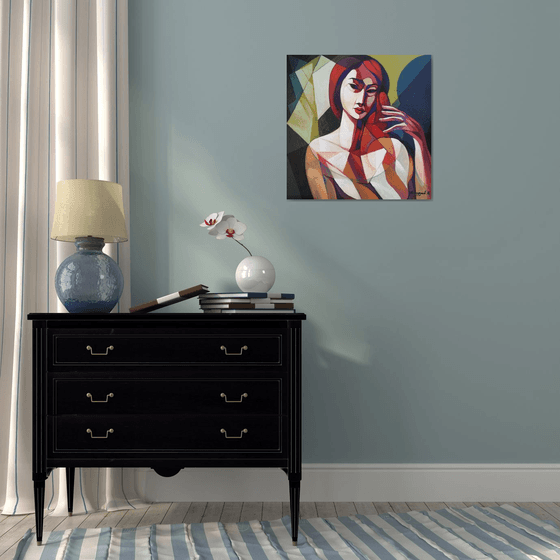In front of the mirror (60x60cm, cubism, oil painting, ready to hang)