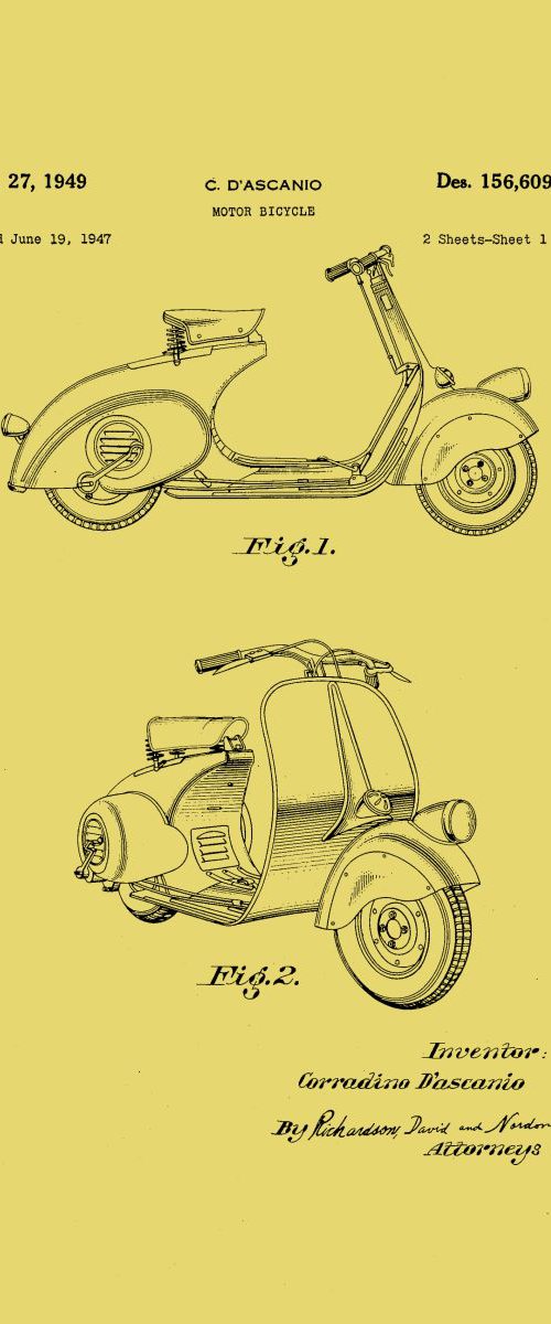 Motor Bicycle Patent - Circa 1949 - Black Line Drawing by Marlene Watson