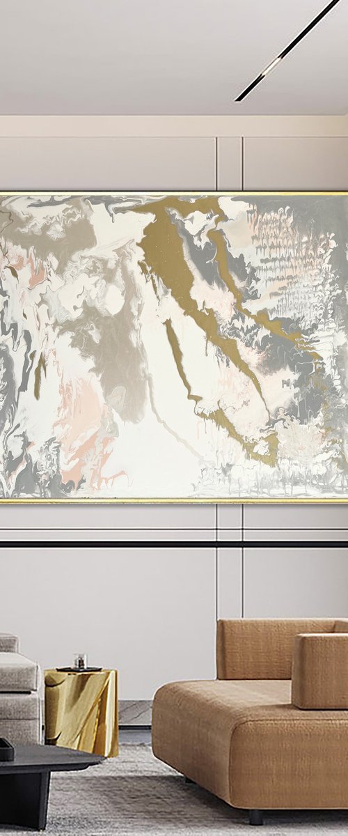 110x90cm. Abstract gray white gold. Vibrations. Magma. by Marina Skromova