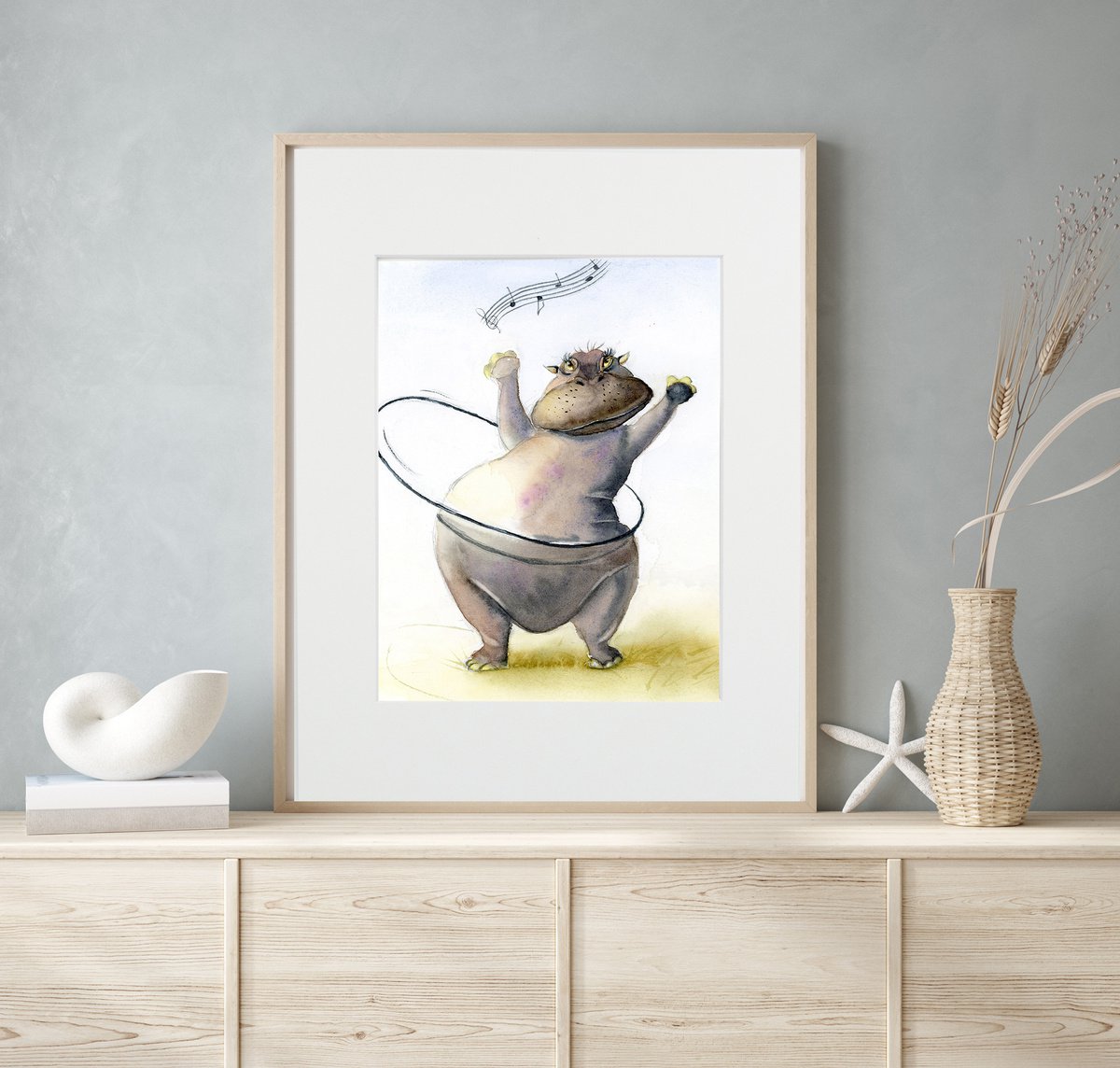 Dancing Hippo (Mounted original watercolor artwork) by Olga Shefranov (Tchefranova)