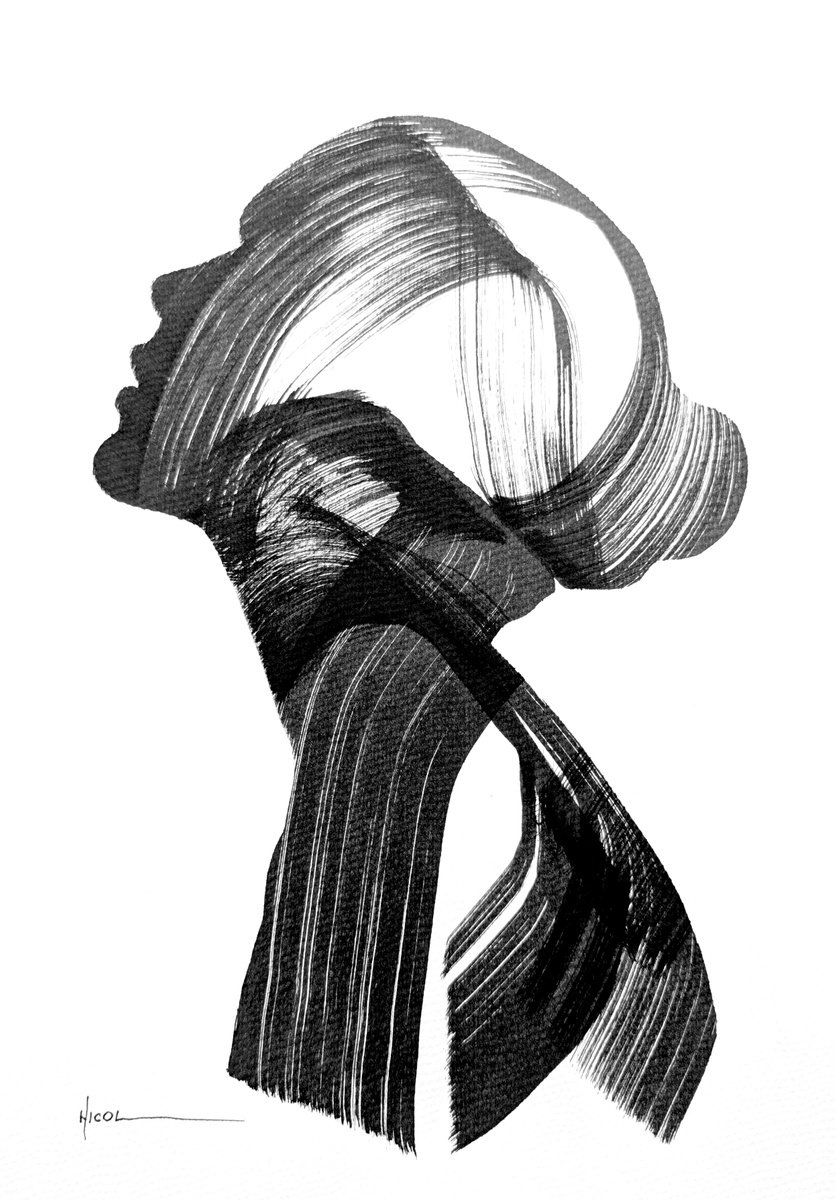 Expressive Portrait Ink Drawing By Nicol Vacaru, 11 X 15", The Unspoken Flow, Original Artwork