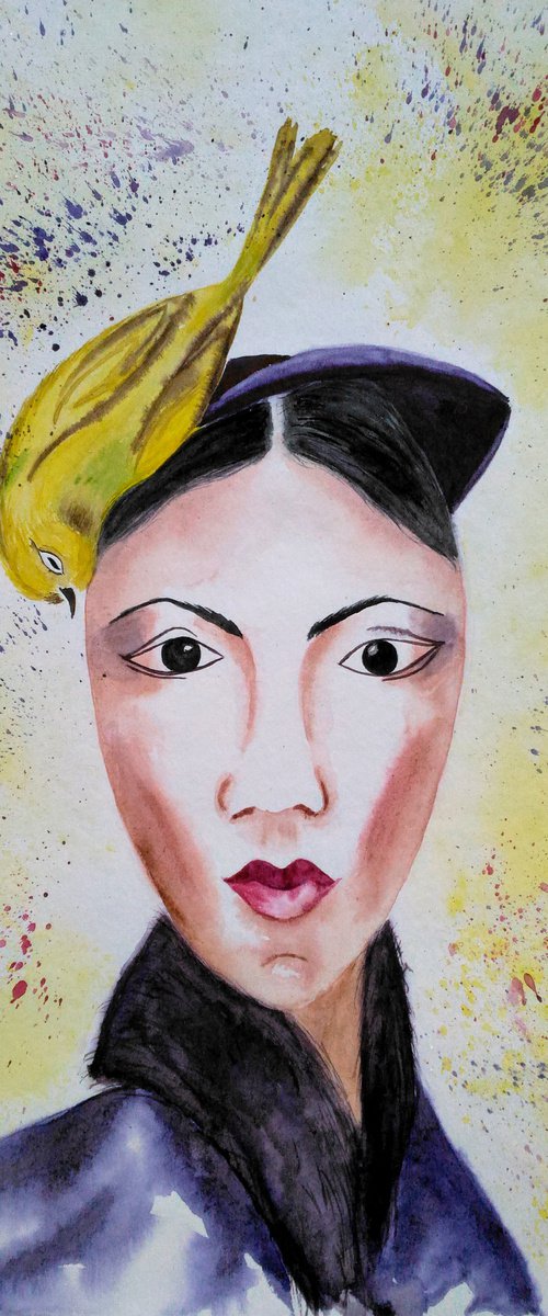 Woman with Goldfinch original watercolor painting by Halyna Kirichenko