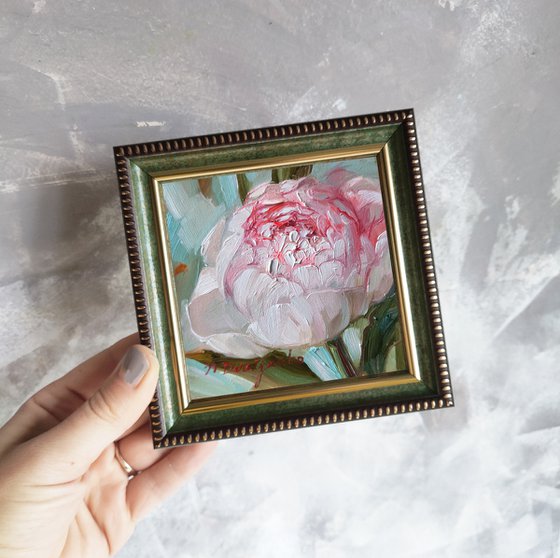 Peony original oil painting framed, Tiny artwork pink flowers, Unique peony wall art, Floral art gift for women