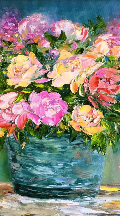 BOUQUET OF TENDERNESS - Lush peonies. garden roses. Lilac in a vase. Bouquet decor. Still life with peonies. Yellow flowers. Blue gamma. by Marina Skromova
