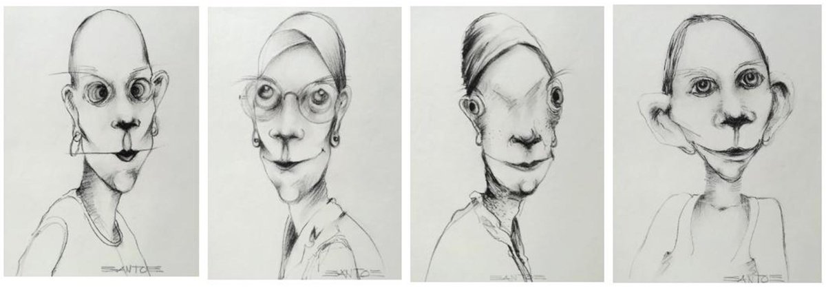 Expressive Portrait Charcoal Drawing By Francisco Santos, 47 X 17, The Addams Family, Original Artwork