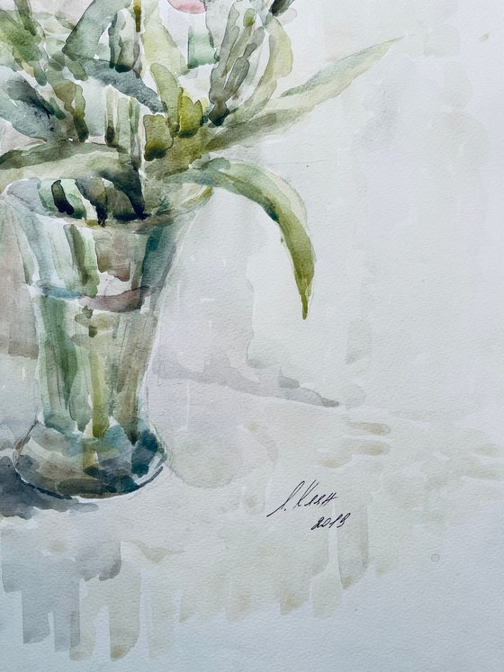 Tulips in vase. Original watercolour painting.