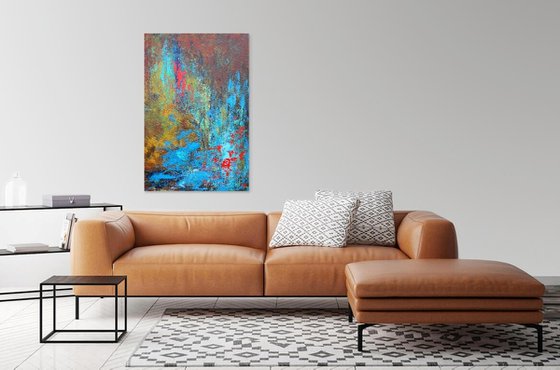 Large Blue Brown Red Abstract Landscape Painting. Modern Textured Art. Abstract. 61x91cm.