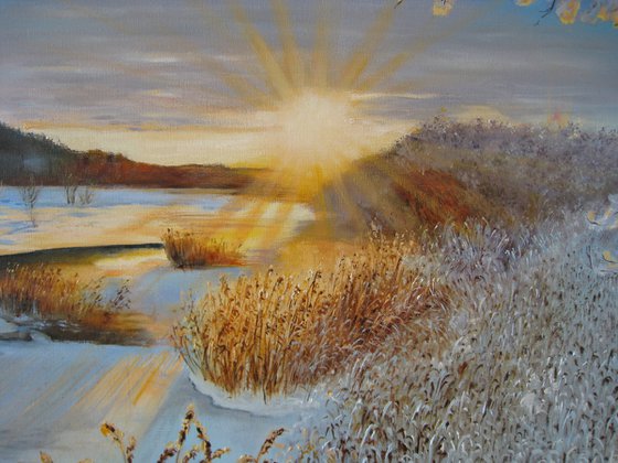 Winter Sunset Over Frozen River