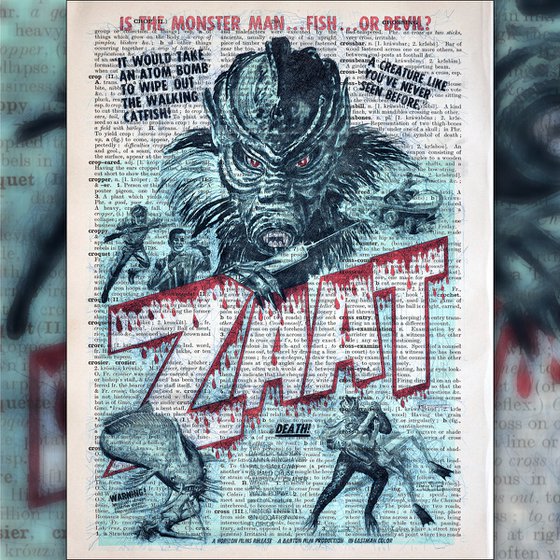 ZaaT - Retro Film Poster - Collage Art Print on Large Real English Dictionary Vintage Book Page