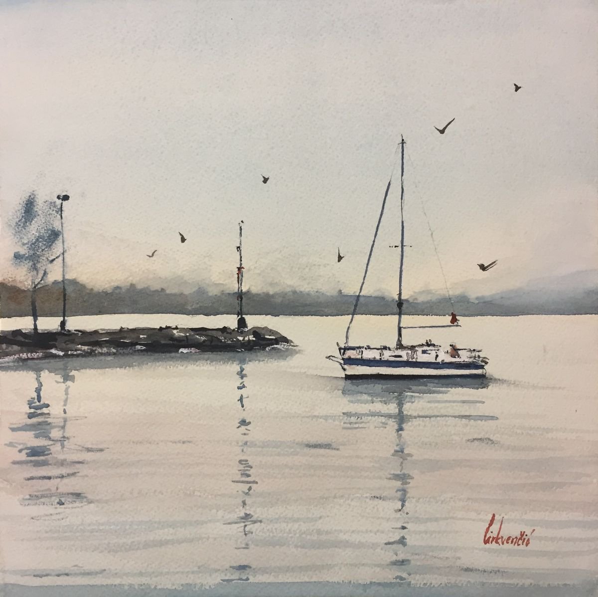 Impressionistic Landscape Watercolour By Tihomir Cirkvencic, 14 X 14", Calm Morning, Original Artwork