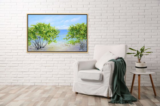 ENDLESS SUMMER. Tropical Island Seascape Painting of Florida Beach and Sea Birds.