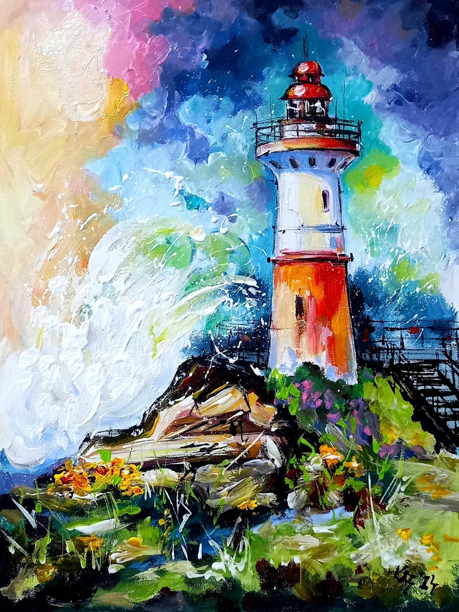 Impressionistic Landscape Acrylic Painting By Kovacs Anna Brigitta, 12 X 16", Lighthouse Ii, Original Artwork