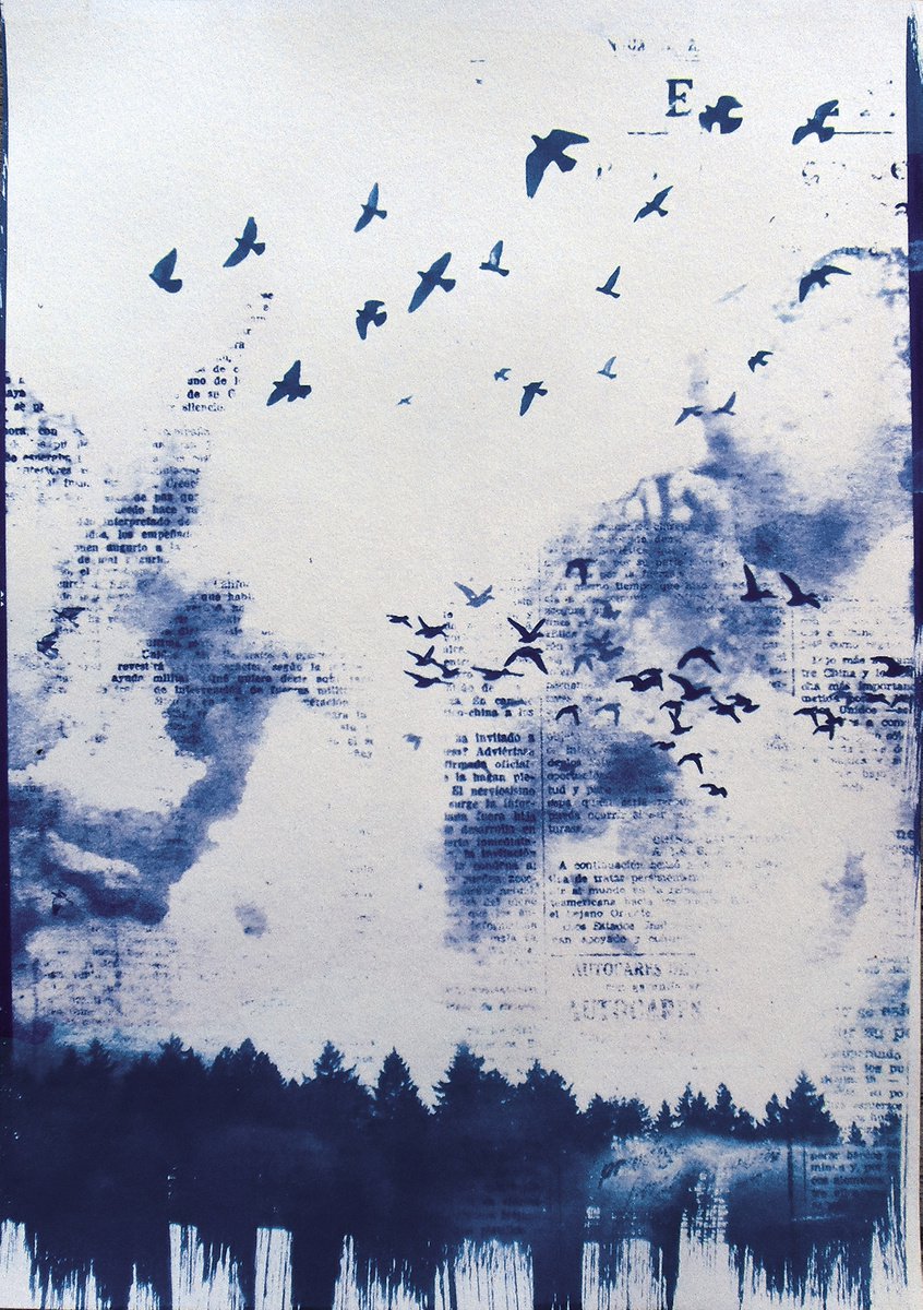 Illustrative Landscape Print By Manel Villalonga, 12 X 17", Cyanotype Blue Forest, Original Artwork
