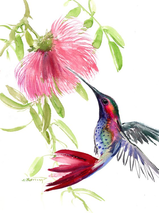 Flying Hummingbird and Flowers