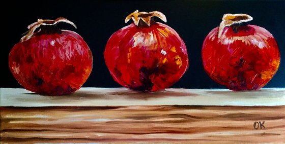 Still life with three Pomegranates fruits still life original oil painting on canvas wall decor