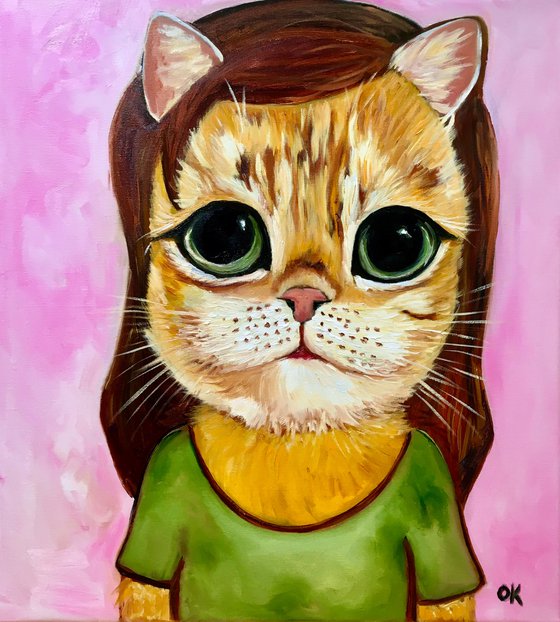 Cute big eyes ginger cat inspired by Yoshitomo Nara portraits.