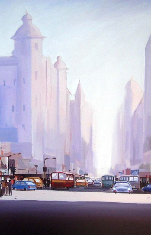 Early Morning  Street Light - Acrylic on Canvas by Samiran Sarkar