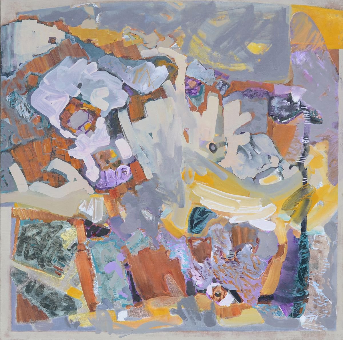 Naive Abstract Oil Painting By Florina Breazu, 39 X 39, Spring Allure, Original Artwork