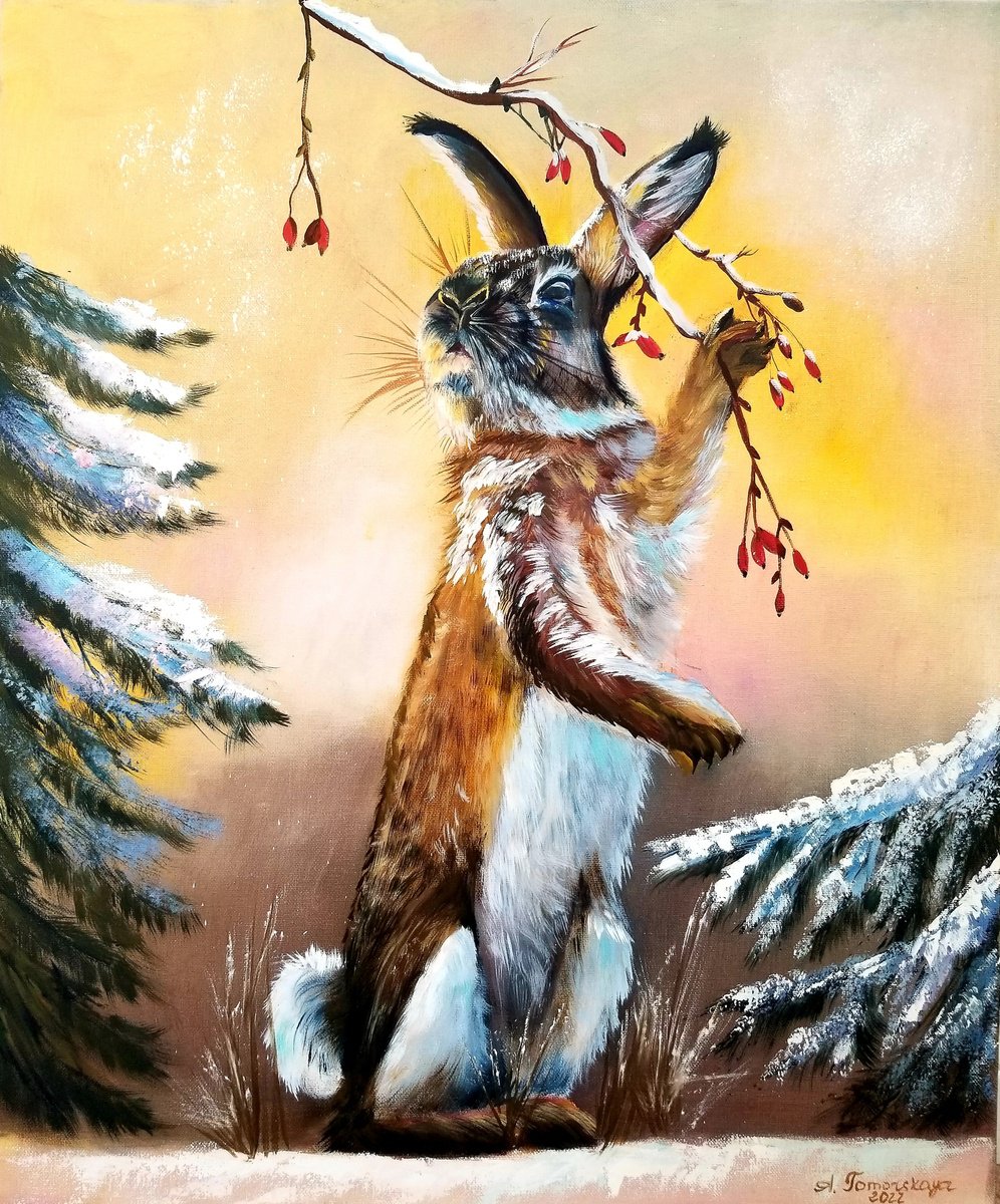 Rabbit. Chinese New Year Gift. Lunar New Year 2023. Original oil painting on canvas. Wall... by Alexandra Tomorskaya/Caramel Art Gallery