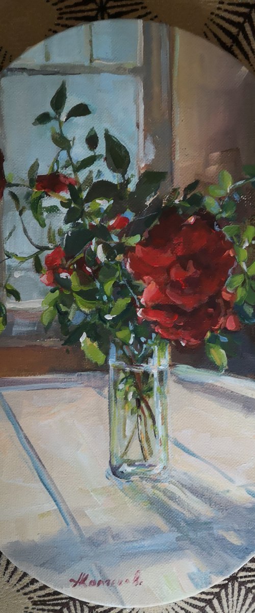 Wild roses by the window (9x12" oval canvas) by Alexander Koltakov